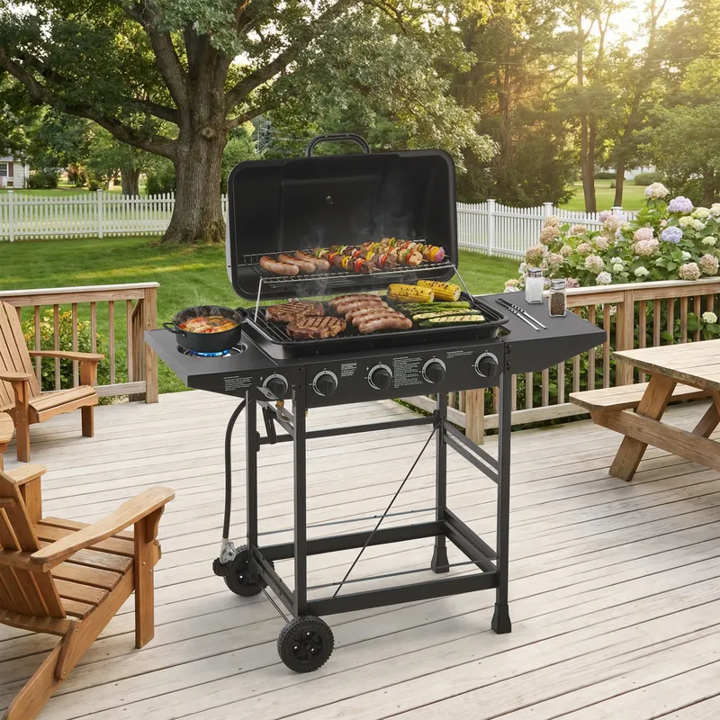 4 Burner BBQ Propane Gas Grill with Side Burner 42000 BTU Output