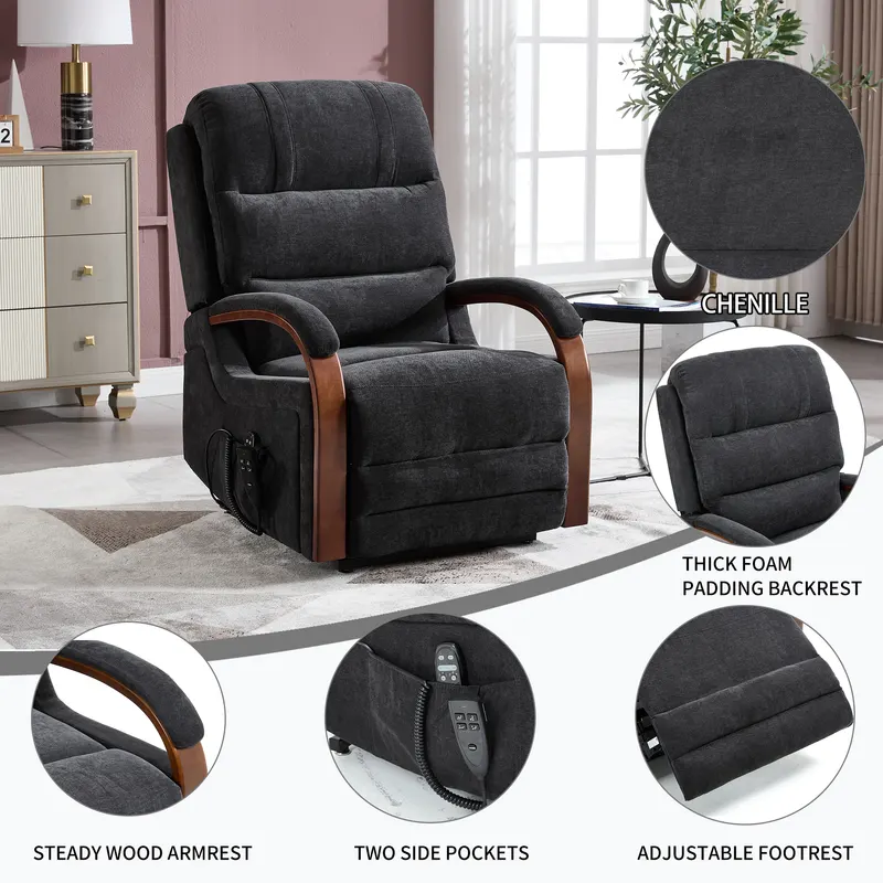 Power Black Chenille Lift Recliner Chair Dual Motor Infinite — photo 8