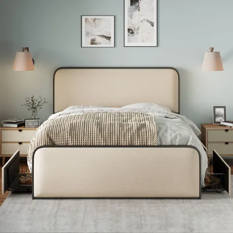 Modern Metal Bed Frame with Curved Upholstered Headboard