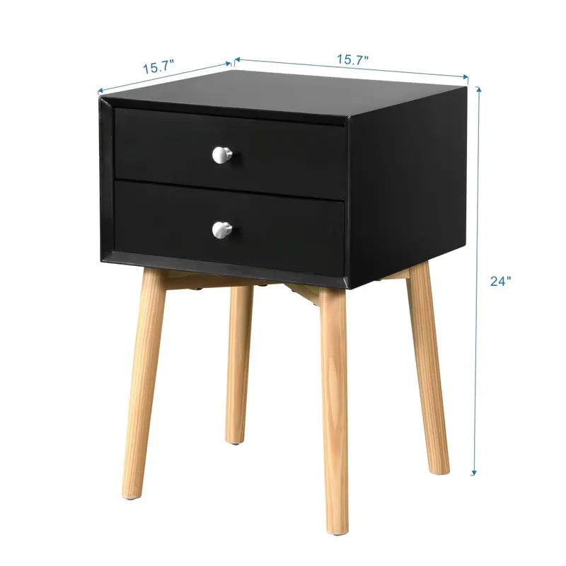Side Table — Bedside Table with 2 Drawers and Rubber Wood Legs — photo 3