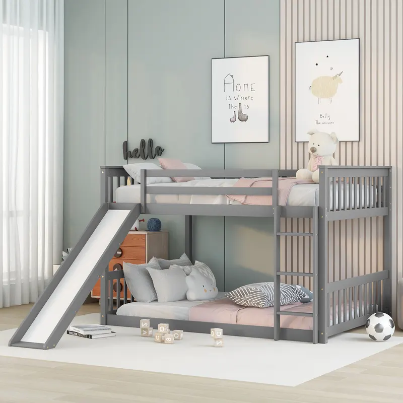 Full Over Full Bunk Bed with Slide and Ladder in Grey Color — photo 5