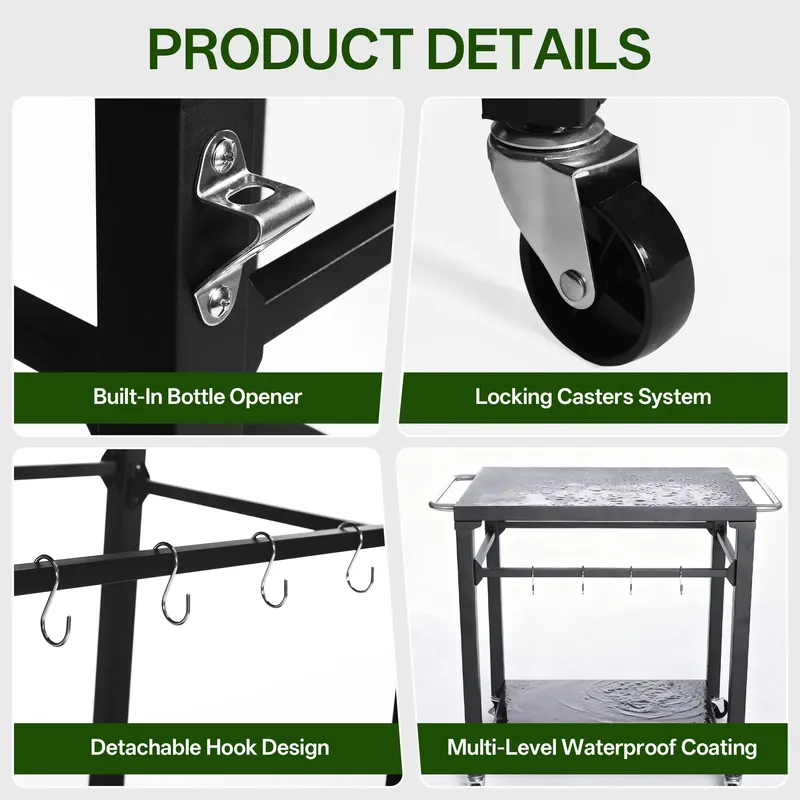 2-Tier Outdoor Grill Cart with Locking Wheels & Tool Hooks — photo 4