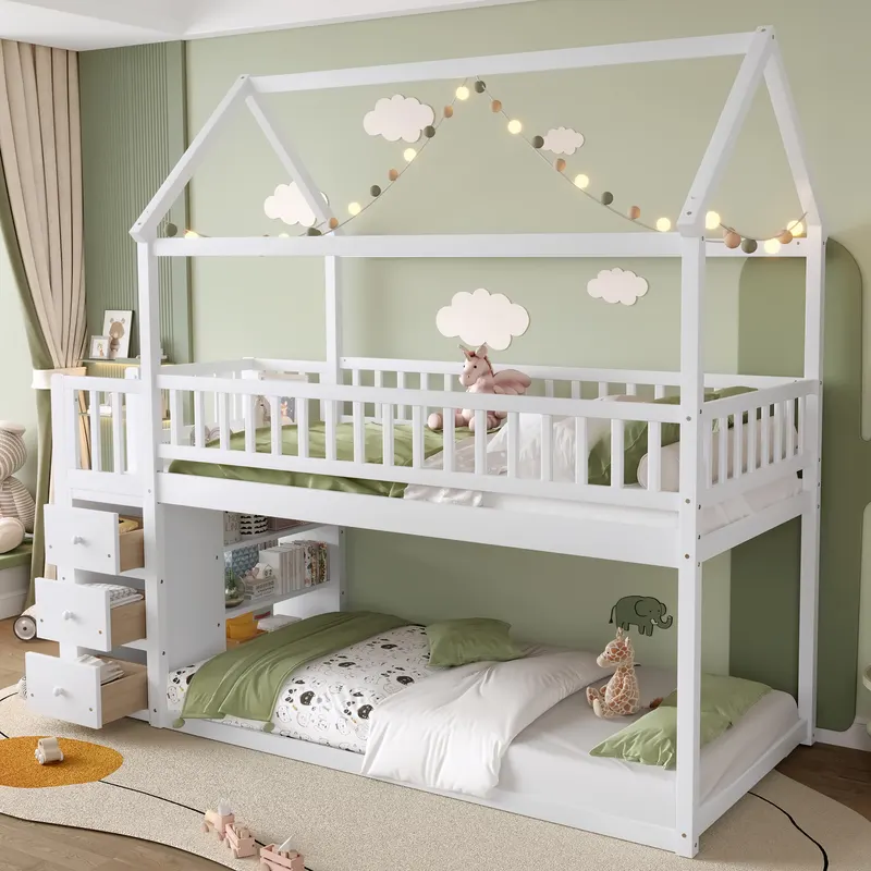 TWIN TWIN HOUSE BUNK BED WITH SHELVES AND DRAWERS FOR WHITE — photo 2