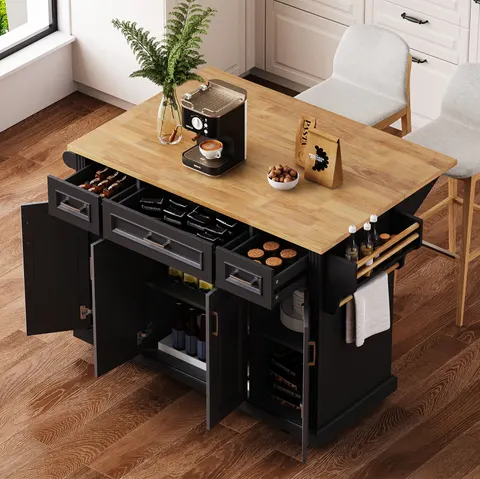 K & K 54inch Large Kitchen Island with Rubber Wood Drop Leaf