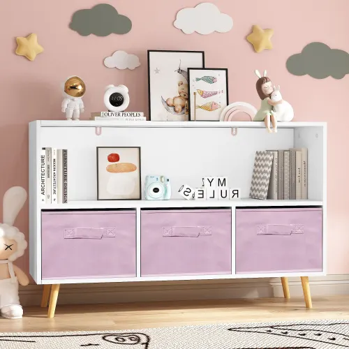 Fiberboard Children's Bookshelf with Foldable Fabric Drawers