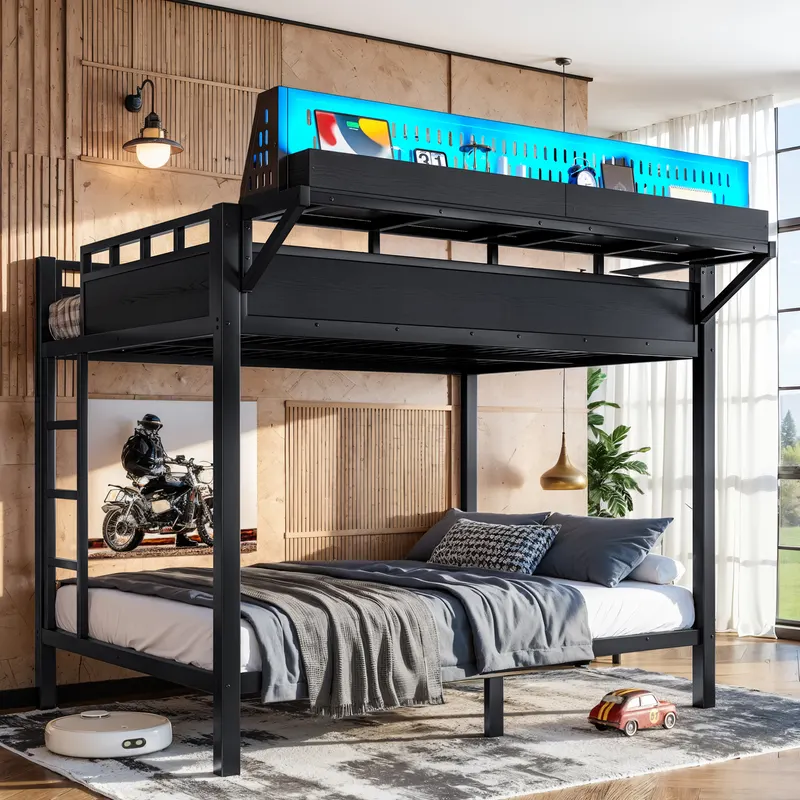 Full Over Full Size Metal Bunk Bed with Storage Shelves — photo 2