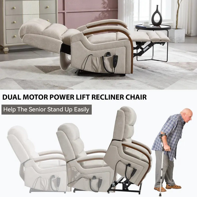 Power Beige Chenille Lift Recliner Chair Dual Motor Infinite — photo 3
