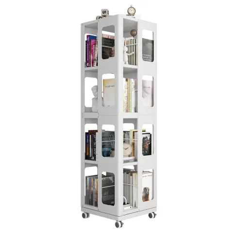 4-Tier All-steel Rotating Bookshelf with 360 Wheels