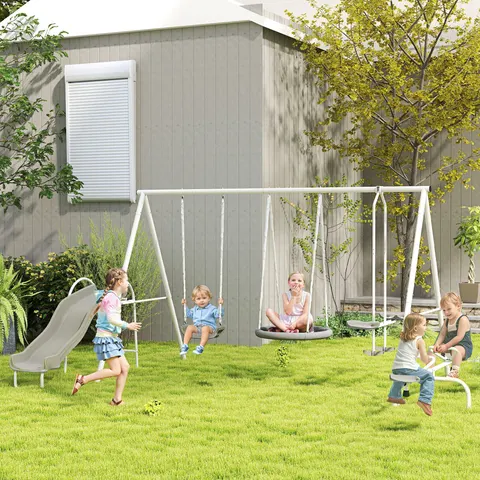 5 in 1 Kids Swing Set for Backyard with Heavy-duty A-frame Stand