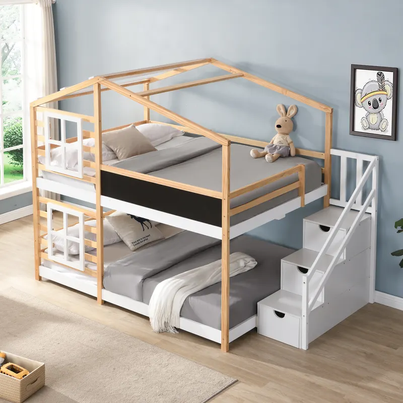 Full Over Full Bunk Bed House Bed with Roof Windows Blackboard — photo 2