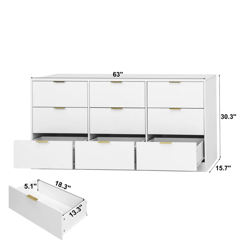 White 9 Drawer Dresser — 63 Large Deep Chest of Drawers — photo 3