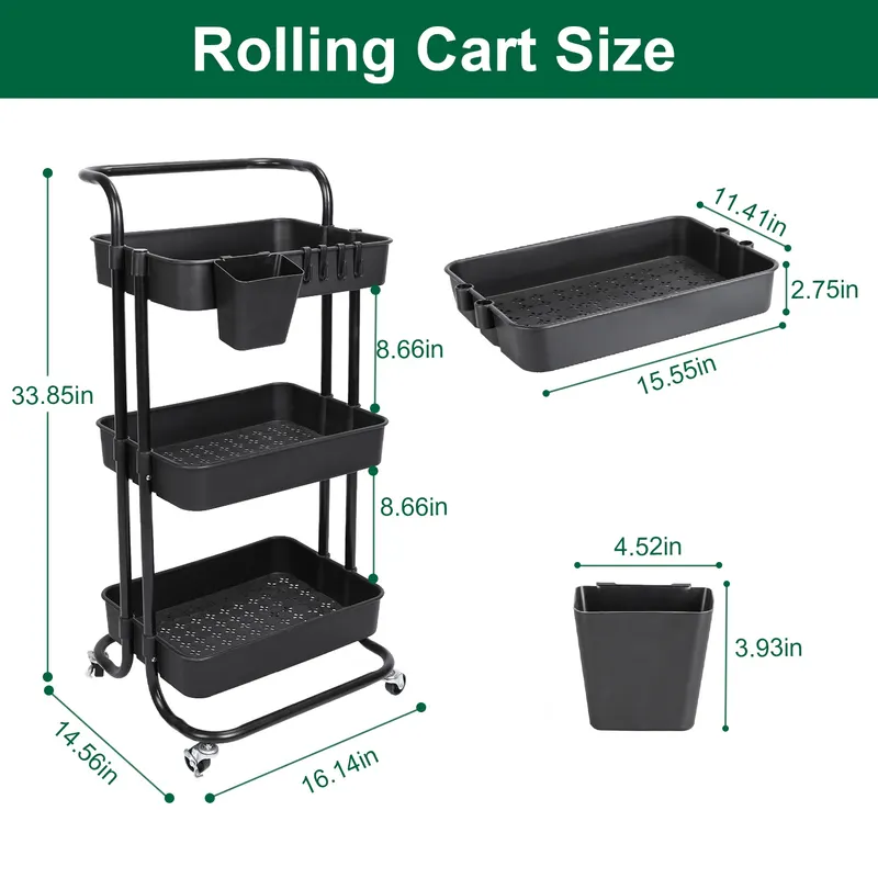 Black-white Color Options 1Pc 3 Tier Rolling Utility Cart — photo 3