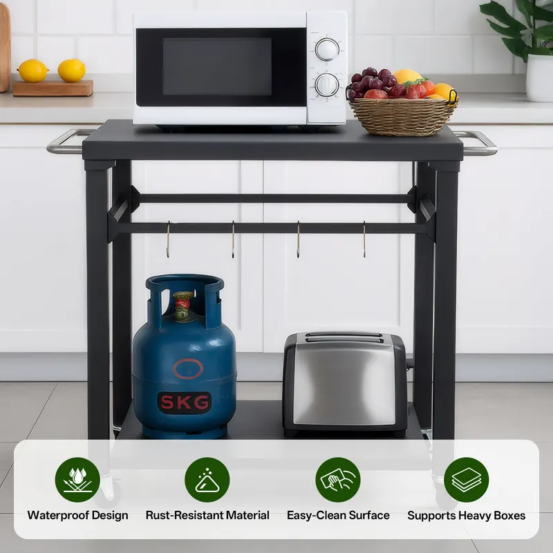 2-Tier Outdoor Grill Cart with Locking Wheels & Tool Hooks — photo 2