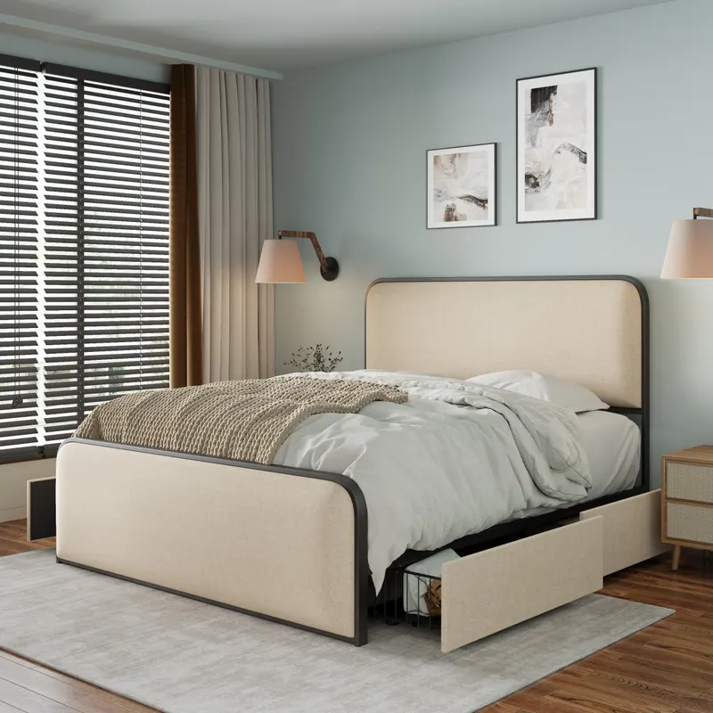 Modern Metal Bed Frame with Curved Upholstered Headboard β photo 2