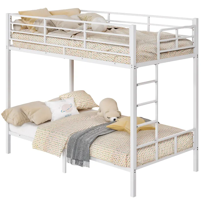 White Twin Bunk Bed Square Tube High Guardrail Side Ladder — photo 7