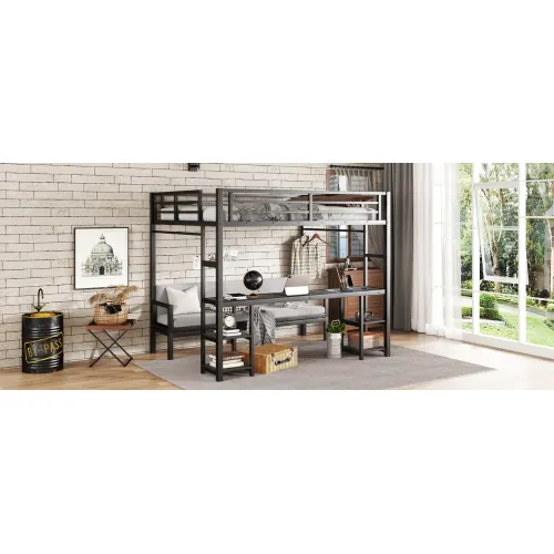 Queen Over Twin XL Metal Bunk Bed Loft Bed with Desk and Shelves β photo 4