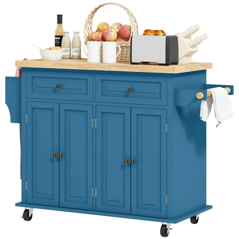 Kitchen Island on Wheels — Rolling Cart with Rubberwood Top