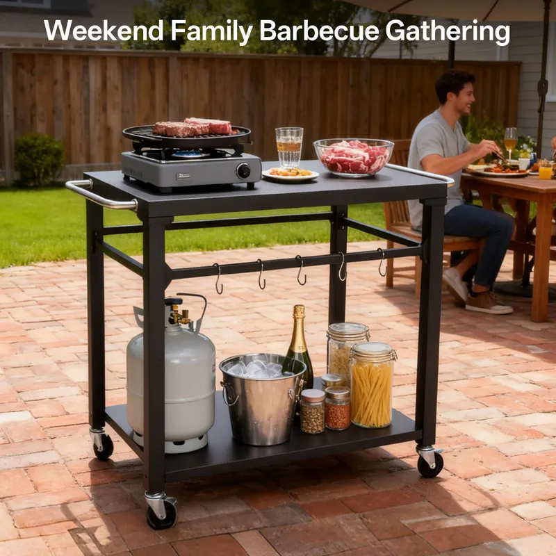 2-Tier Outdoor Grill Cart with Locking Wheels & Tool Hooks — photo 5