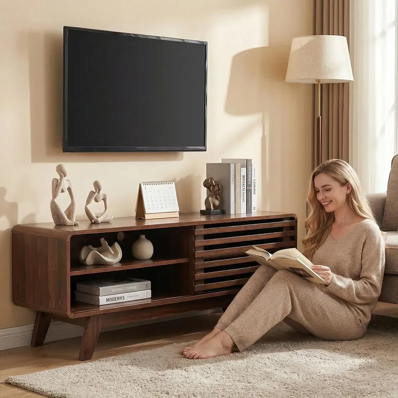 TV Stand with Storage — Entertainment Center with Slatted — photo 4