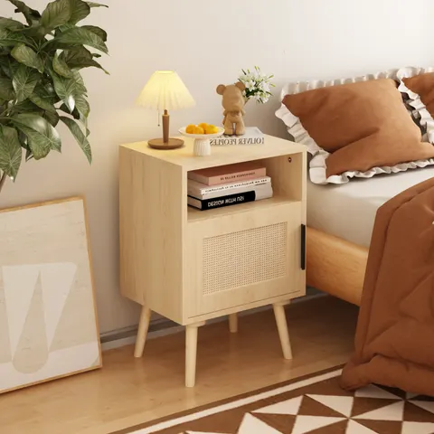 22.83'' H Rattan Nightstand — Side Table with Door Open Shelf