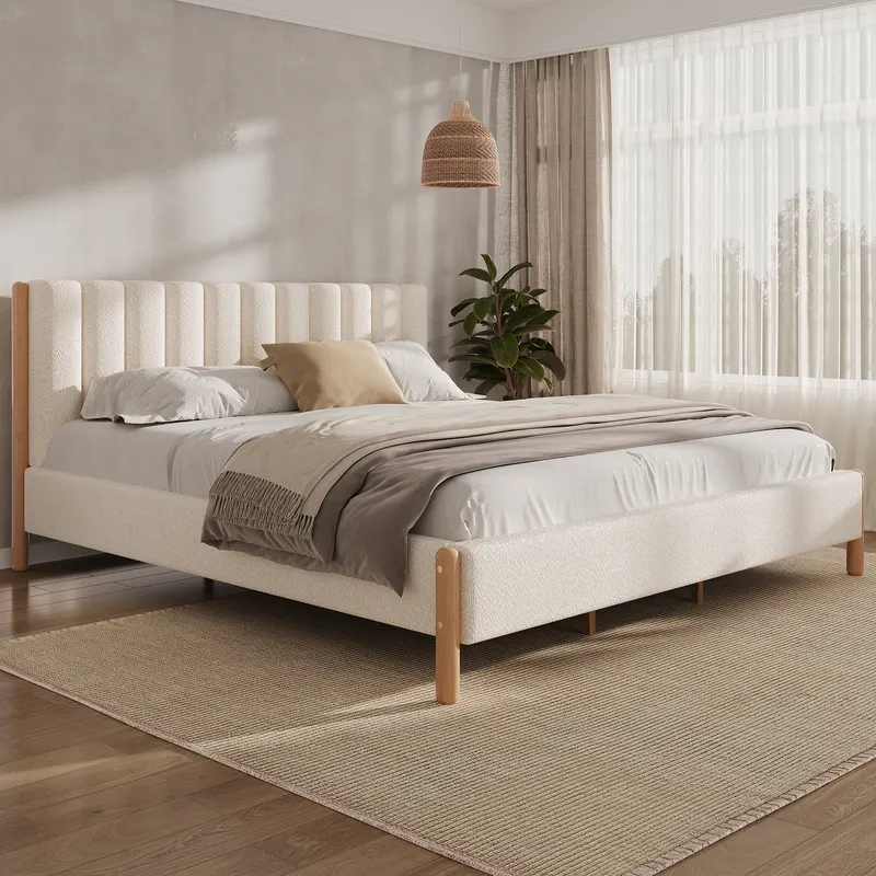 King Size Bed Frame with Boucle Upholstered Thick Headboard