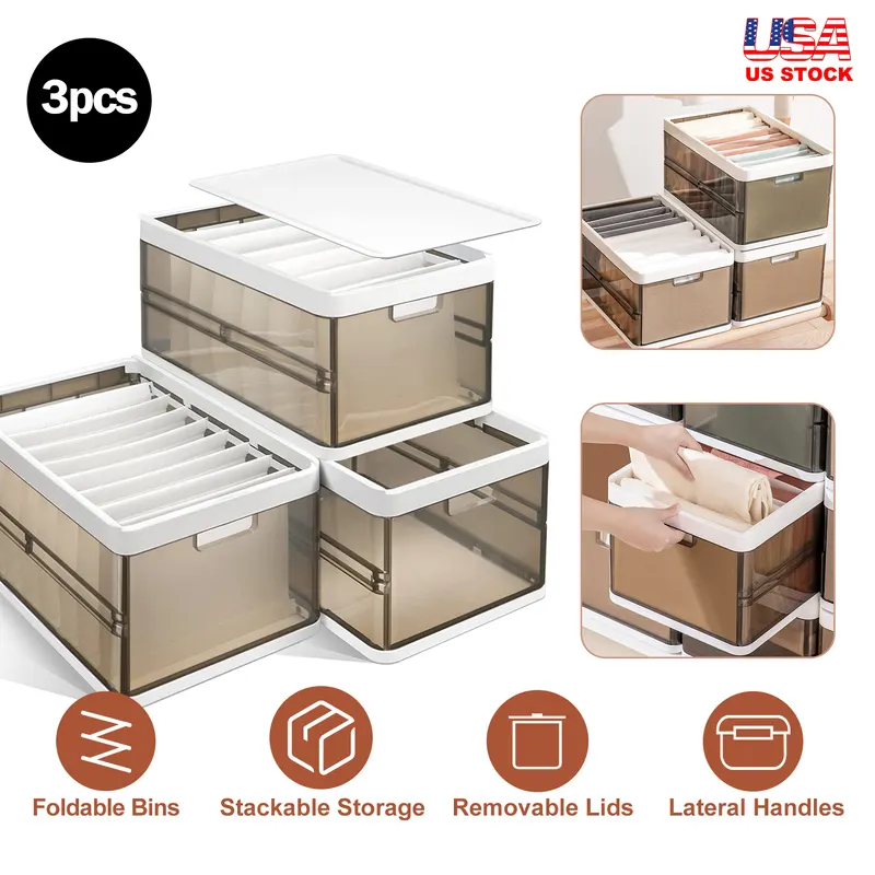 3 Pack Foldable Storage Bin with Lid Stackable Plastic Closet — photo 2