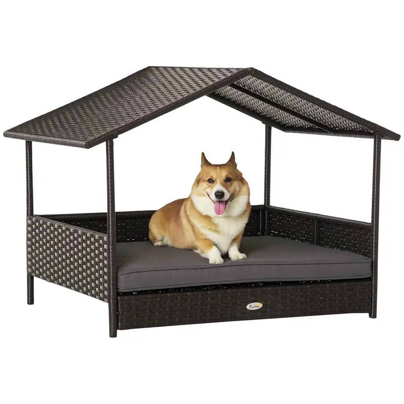 Wicker Dog House Outdoor with Canopy