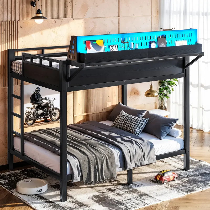 Full Over Full Size Metal Bunk Bed with Storage Shelves — photo 3