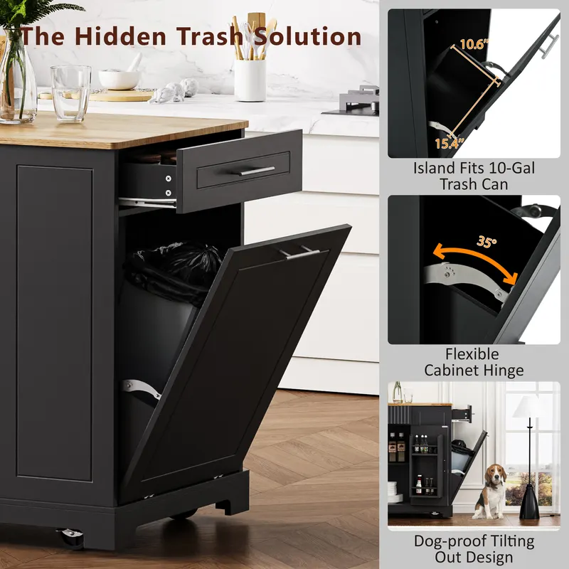 K&k Fluted Kitchen Island with Trash Can Storage Cabinet — photo 5