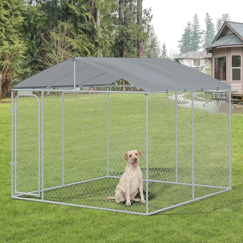 Outdoor Dog Kennel Galvanized Steel Fence with Cover Secure Lock