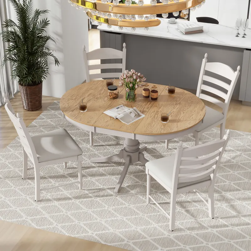 TREXM 5-Piece Retro Functional Dining Table Set Wood Round β photo 4