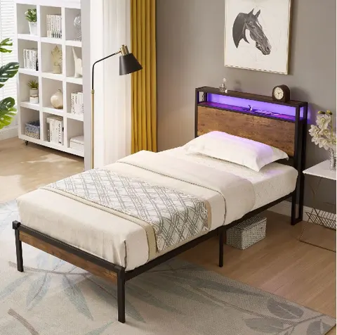 Twin Size Metal Platform Bed Frame with Wooden Headboard