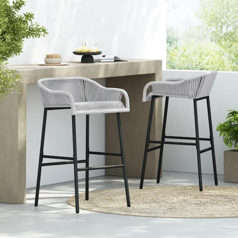La Push Outdoor Patio Light Gray Rope Bar Stool Set of 2