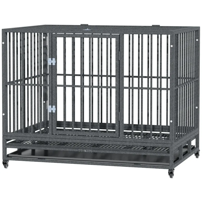 43" Heavy Duty Dog Crate Metal Cage Kennel with Lockable Wheels