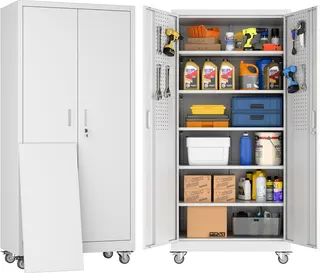 Garage Storage Cabinet with Wheels & Pegboard