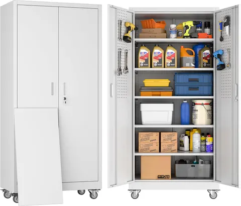 Garage Storage Cabinet with Wheels & Pegboard