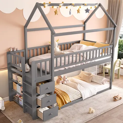 TWIN TWIN HOUSE BUNK BED WITH SHELVES AND DRAWERS FOR GREY COLOR
