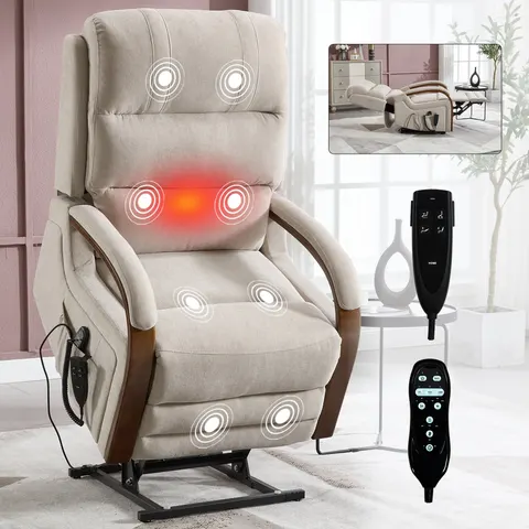 Power Beige Chenille Lift Recliner Chair Dual Motor Infinite