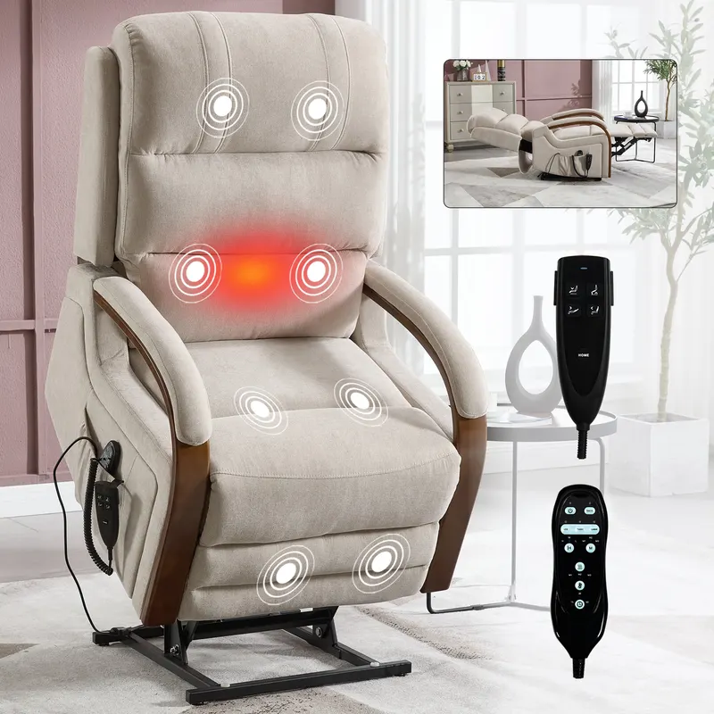 Power Beige Chenille Lift Recliner Chair Dual Motor Infinite