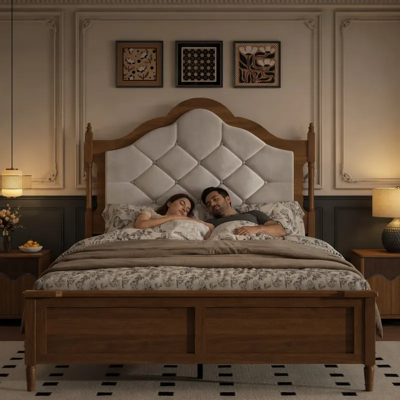 Queen Size Wood Bed Frame with Upholstered Headboard & Footboard — photo 4