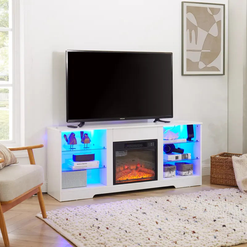 TV Stand Electric Fireplace TV Stand with Glass Shelves β photo 3