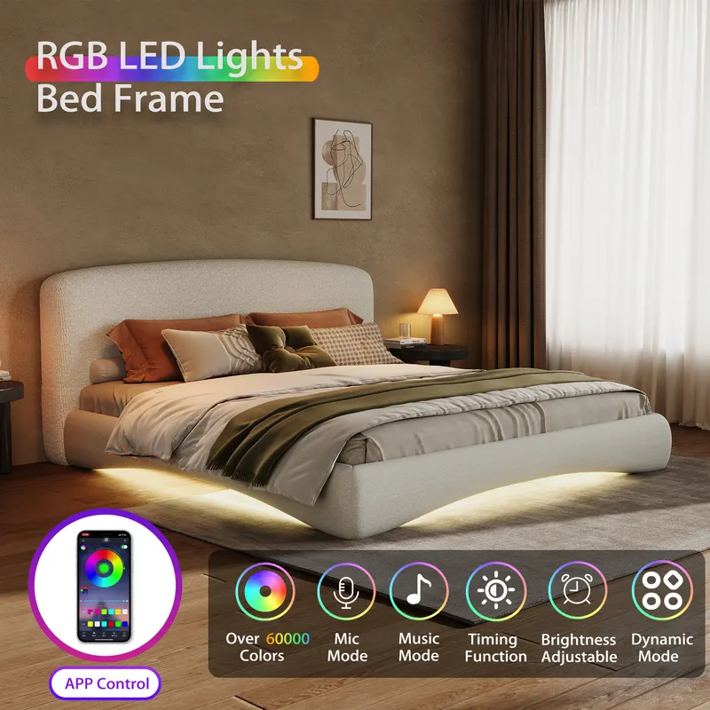Curved Upholstered Bed with Smart Ambient Lighting β photo 2