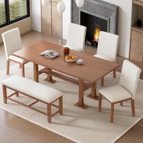 Farmhouse 76inch 6-Piece Extendable Dining Table Set Trestle