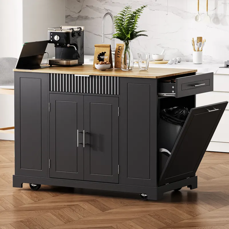 K&k Fluted Kitchen Island with Trash Can Storage Cabinet — photo 3