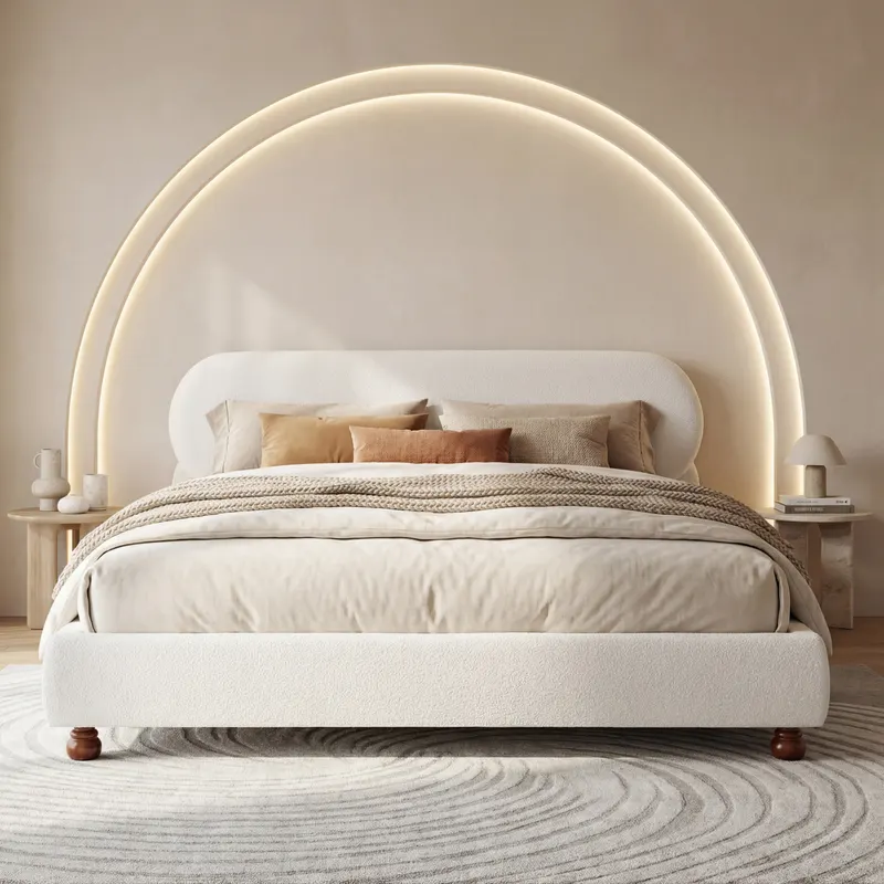 Cream-colored Boucle Upholstered Bed with Rubber Wood Foot — photo 4