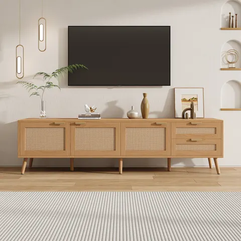 70inch Modern TV Stand with Rattan Doors for TVs Up to 80