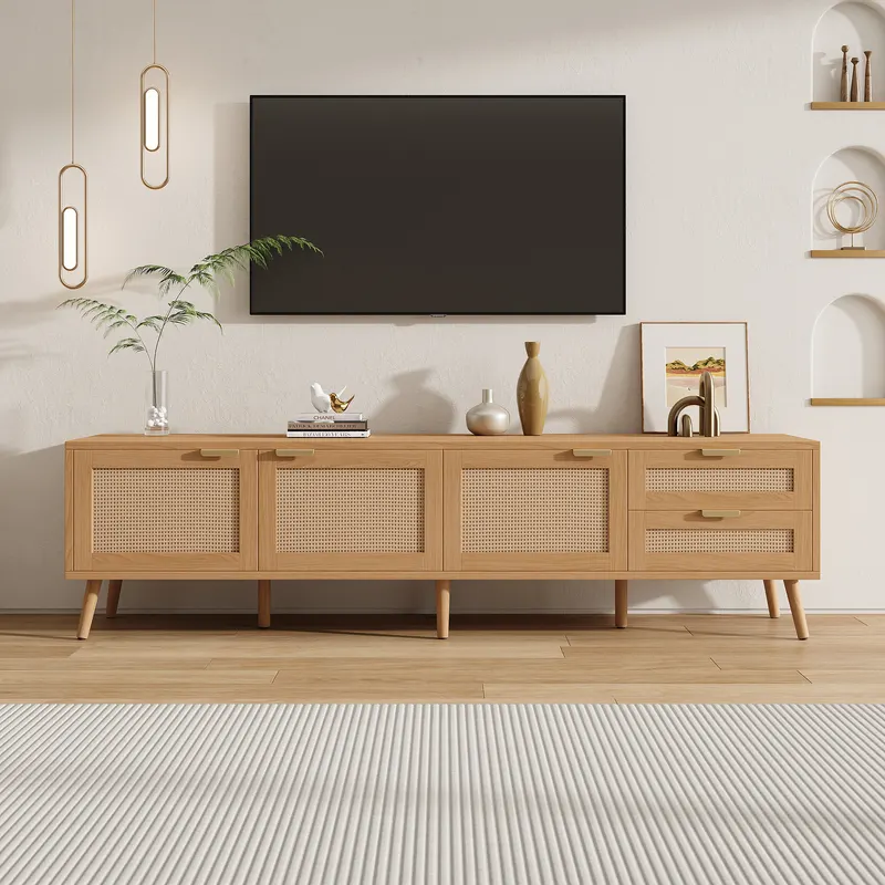 70inch Modern TV Stand with Rattan Doors for TVs Up to 80