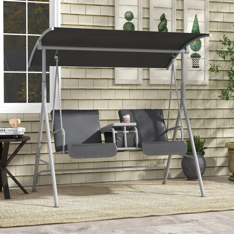 2-Seater Outdoor Porch Swing with Canopy and Table β photo 2