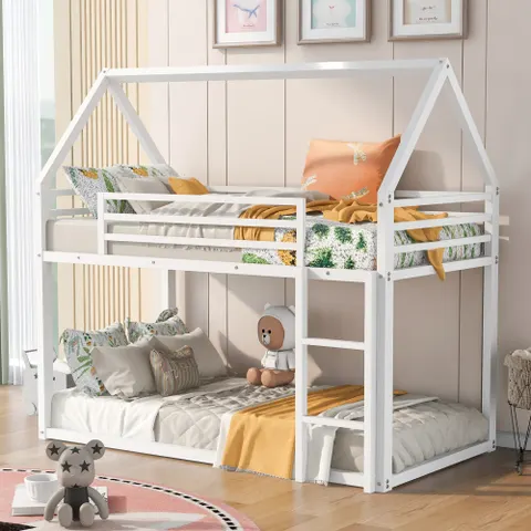 Twin Over Twin House Bunk Bed with Built-in Ladder