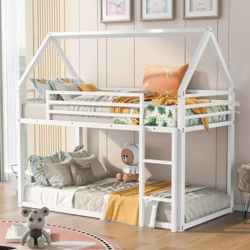 Twin Over Twin House Bunk Bed with Built-in Ladder
